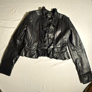 Moda International Black Genuine Leather Cropped Ruffle Jacket Womens Size Small